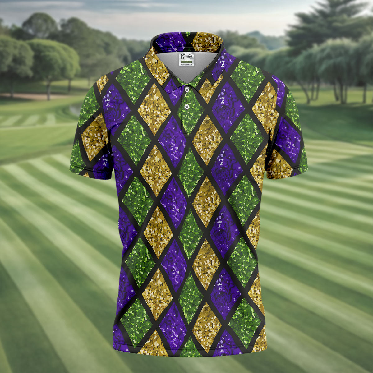 Green Purple Gold Argyle Pattern Sparkling Effect Mardi Gras Golf Shirt, Polo Shirts For Men, Golf Shirts For Men