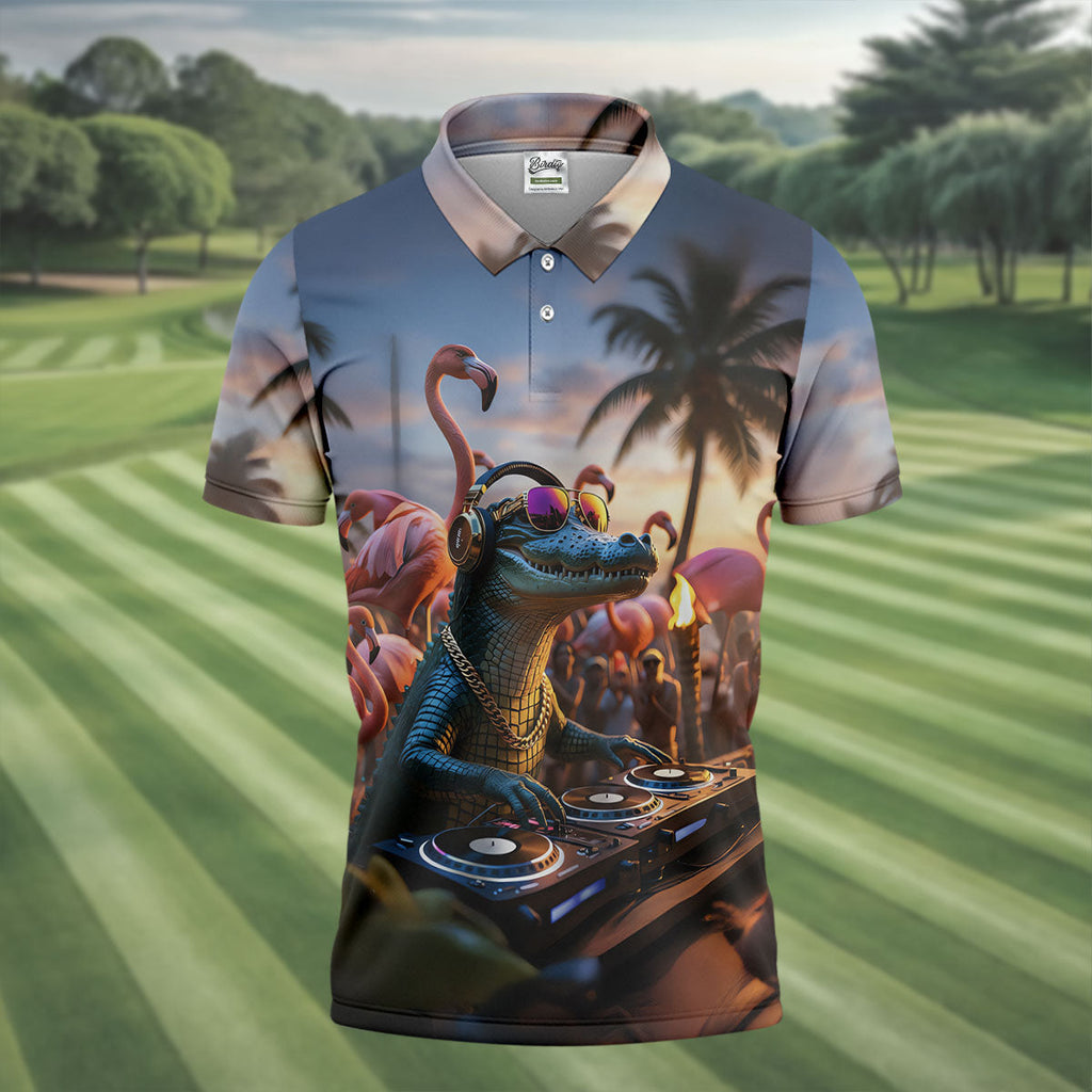 Funny Crocodile DJ Mardi Gras Festival Flamingo Golf Shirt, Polo Shirts For Men, Golf Shirts For Men