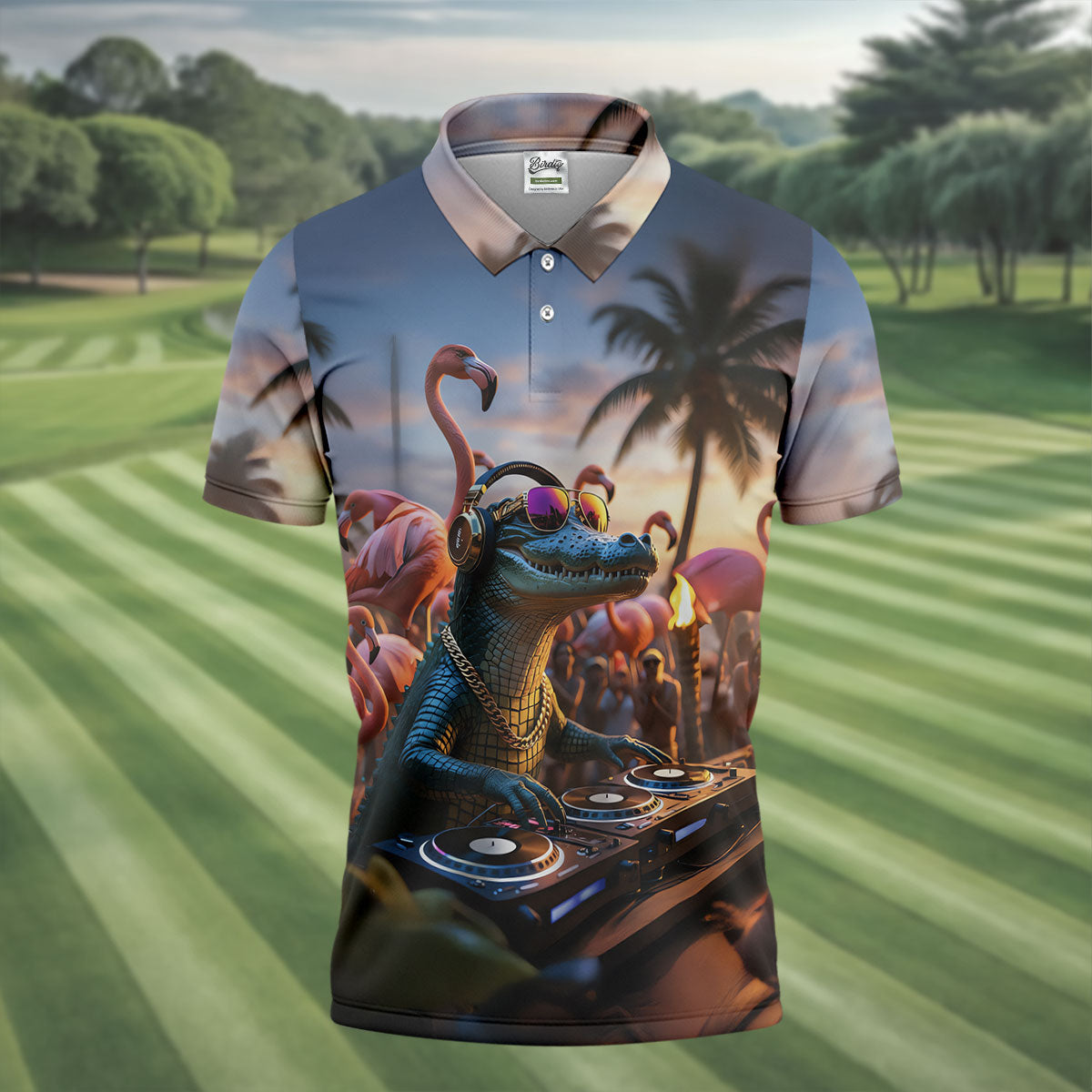 Funny Crocodile DJ Mardi Gras Festival Flamingo Golf Shirt, Polo Shirts For Men, Golf Shirts For Men