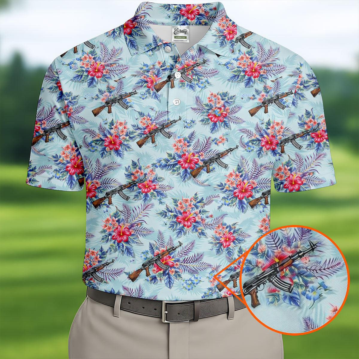 Hawaiian Floral Military Theme Light Blue Golf Shirt, Golf Shirts For Men, Polo Shirts For Men