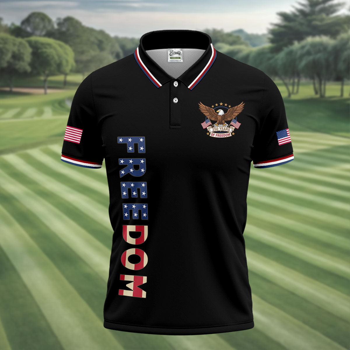 250 Years Of Freedom US Flag Logo Black Golf Shirt, Patriotic 4th Of July Golf Shirts For Men