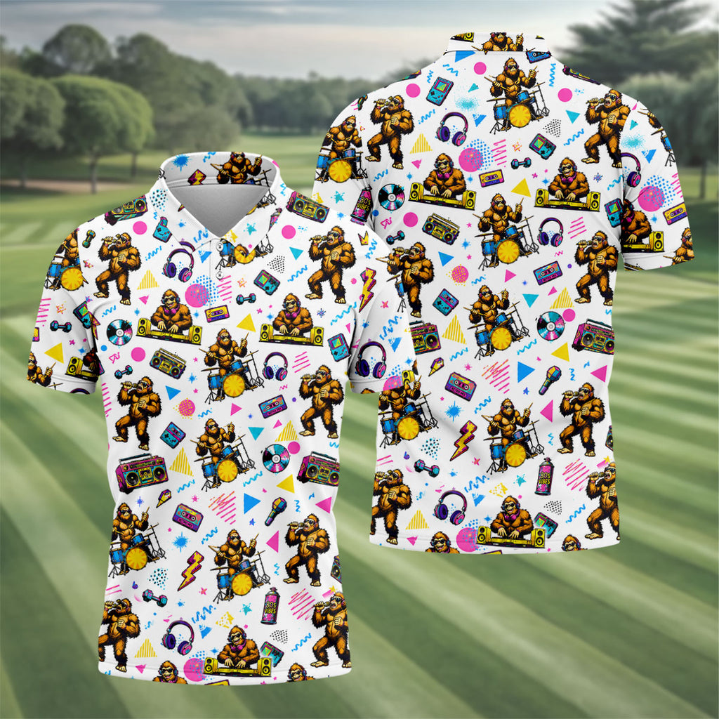 Bigfoot Party Memphis Pattern Retro Golf Shirt, Hawaiian Golf Shirt, Polo Shirts For Men