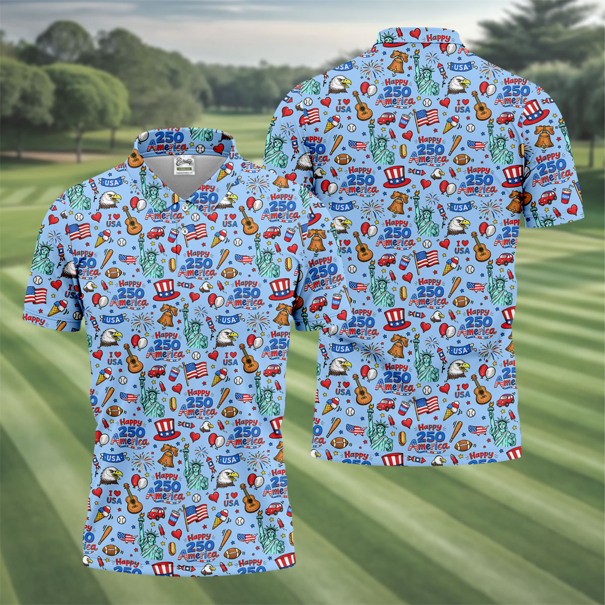 Happy 250 America Independence Celebration Blue Golf Shirt, Patriotic 4th Of July Golf Shirts For Men