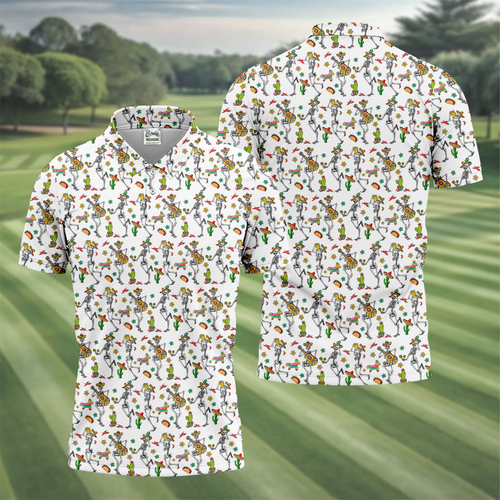 Dia De Muertos Skeletons Cinco De Mayo Celebration Fiesta Themed White Golf Shirts For Men