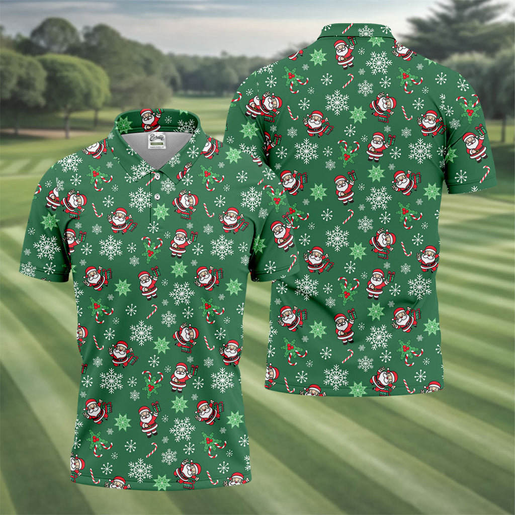 Santa Claus Pattern Christmas Green Golf Tops For Men, Christmas Golf Shirt, Polo ShirtFor Men