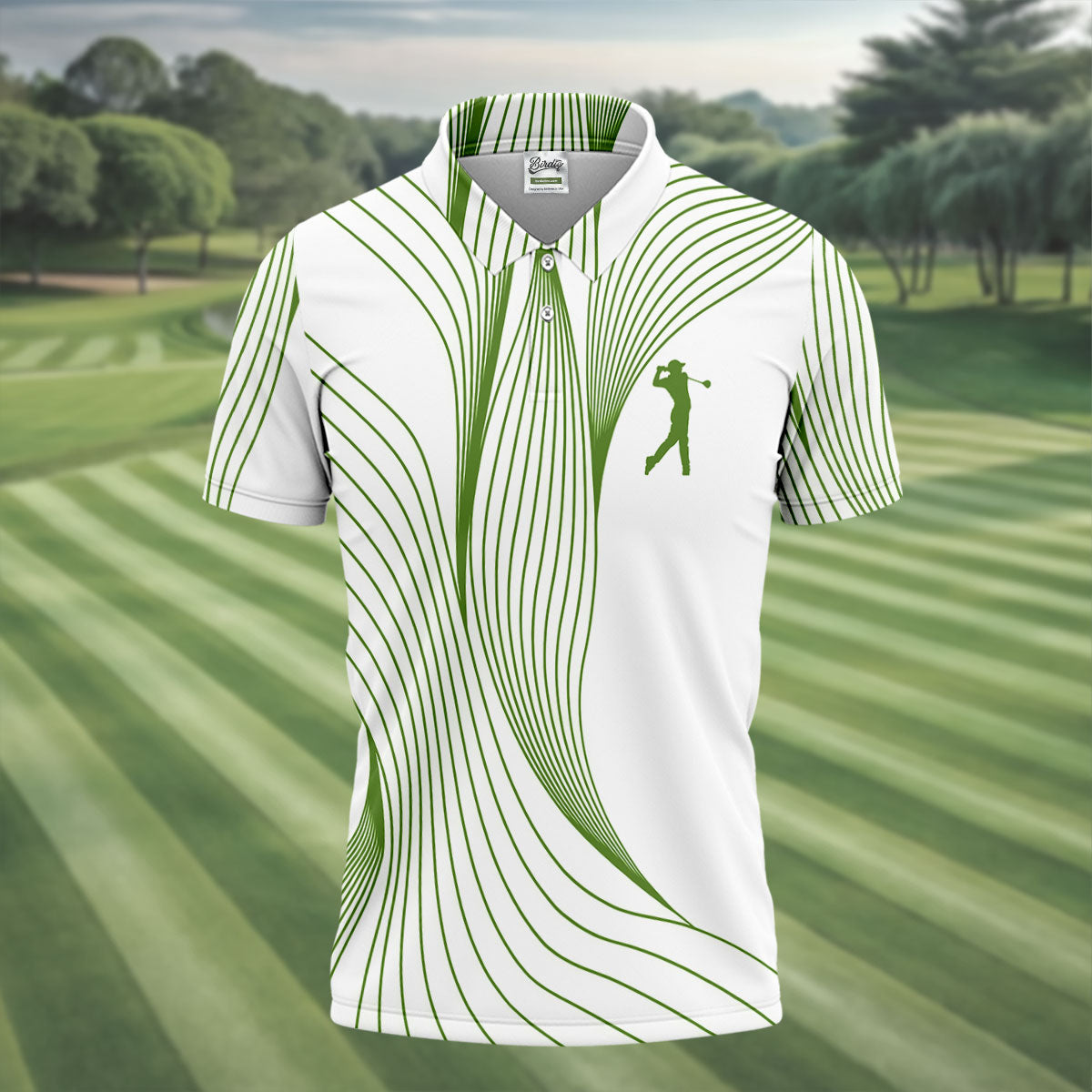 Geometric Line Wavy Line Green And White Golf Shirts For Men, Men's Golf Shirt, Polo Shirts For Men