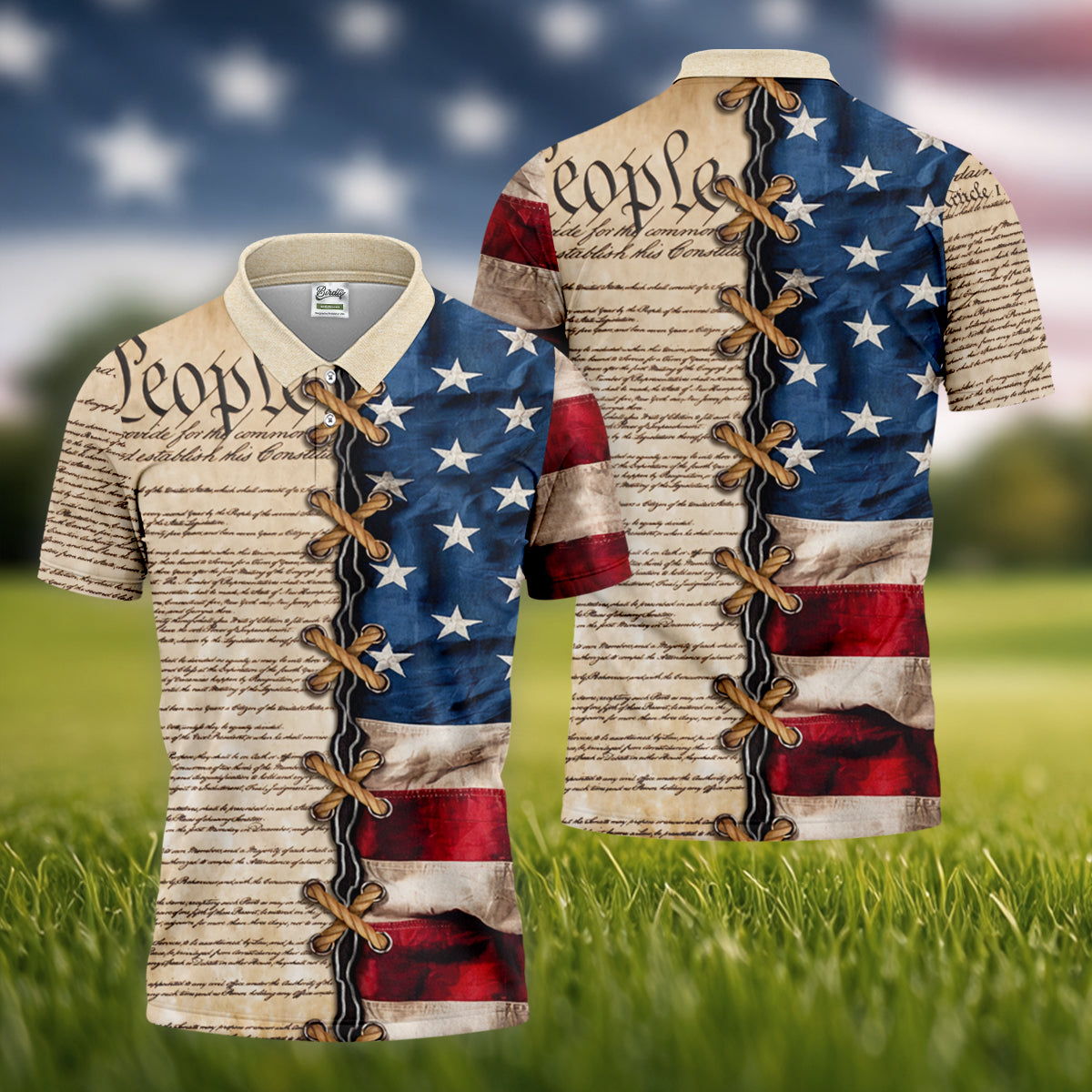 We The People Preamble Patriotic 4th Of July Beige Golf Shirt, 250th Anniversary Golf Shirts For Men