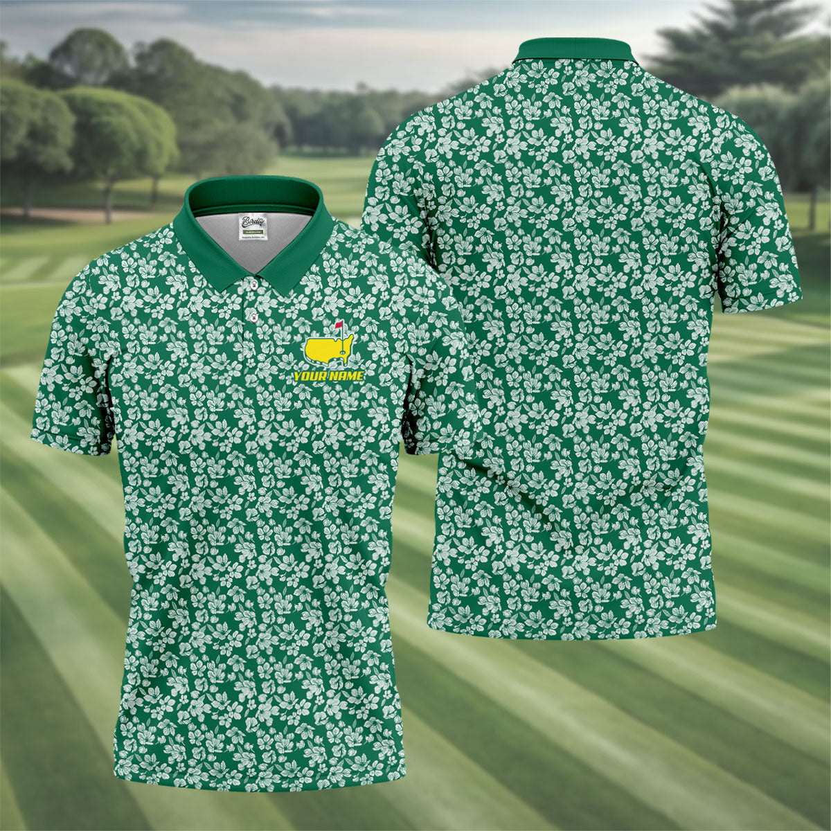 Floral Silhouette Green And White Golf Tops For Men, Golf Shirts For Men, Polo Shirts For Men