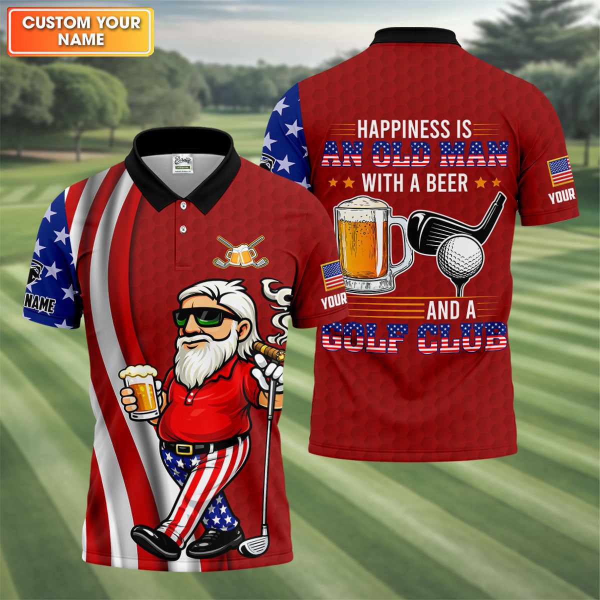 Happiness Is An Old Man With A Beer Funny 4th Of July Red Golf Shirt, 250th Anniversary Golf Shirts For Men
