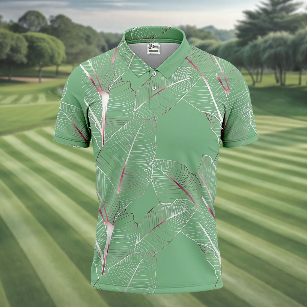 Tropical Leaves Green Golf Shirt, Summer Hawaiian Golf Shirt, Golf Shirts For Men