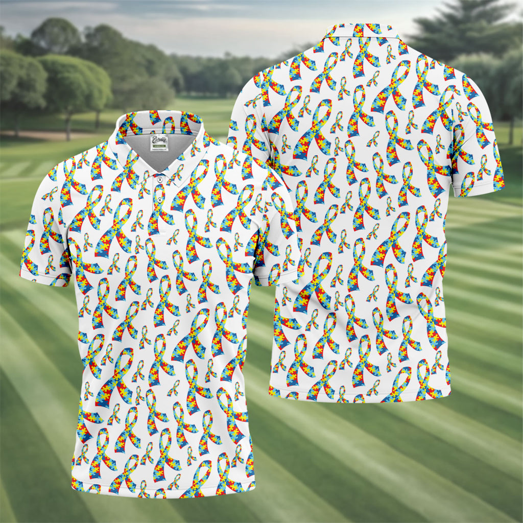 Autism Awareness Ribbon Golf Tops For Men, Autism Ribbon Polo Shirts For Men, Golf Shirts For Men