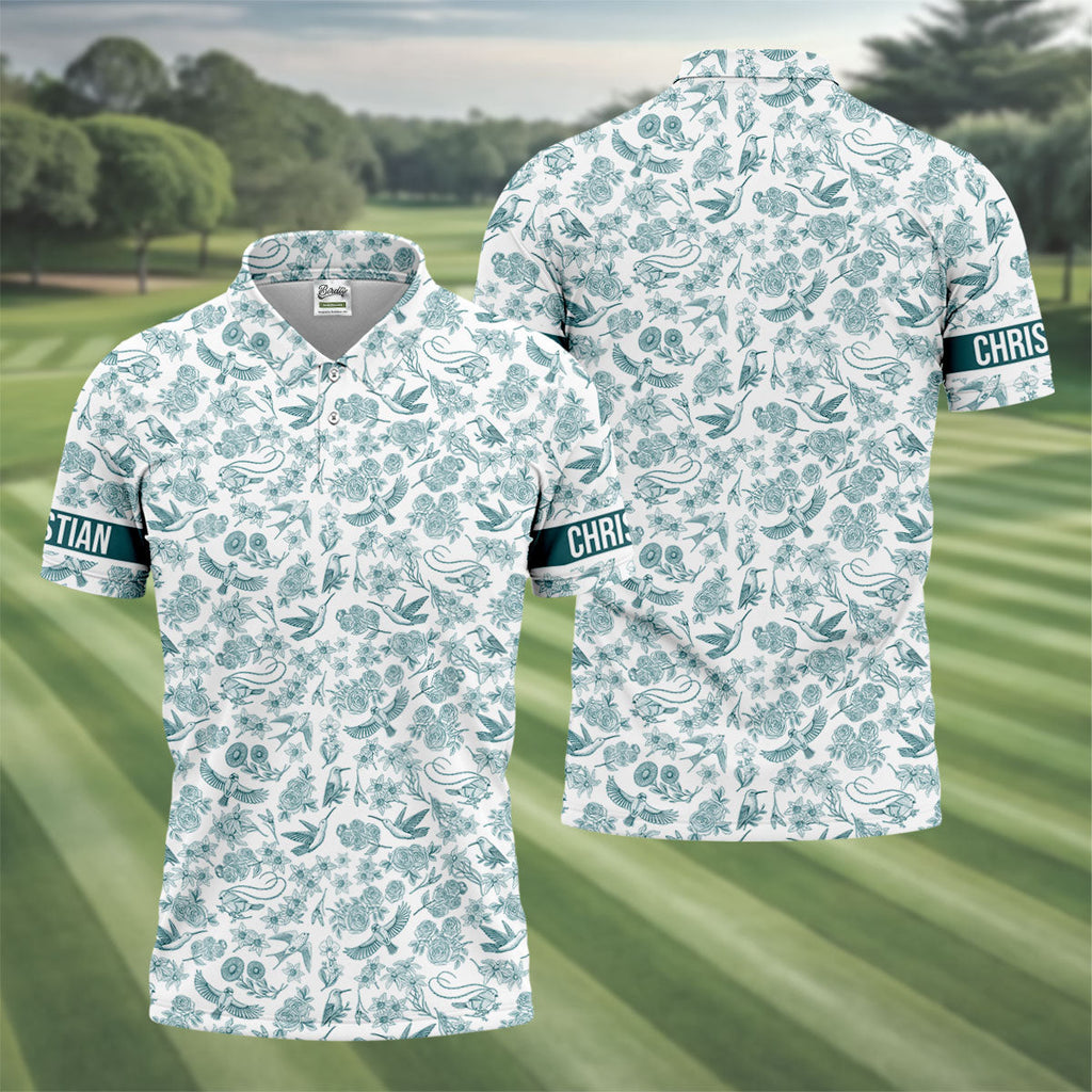 Custom Name Toile de Jouy Birds And Flowers Teal And White Polo Shirts For Men, Golf Gift For Men