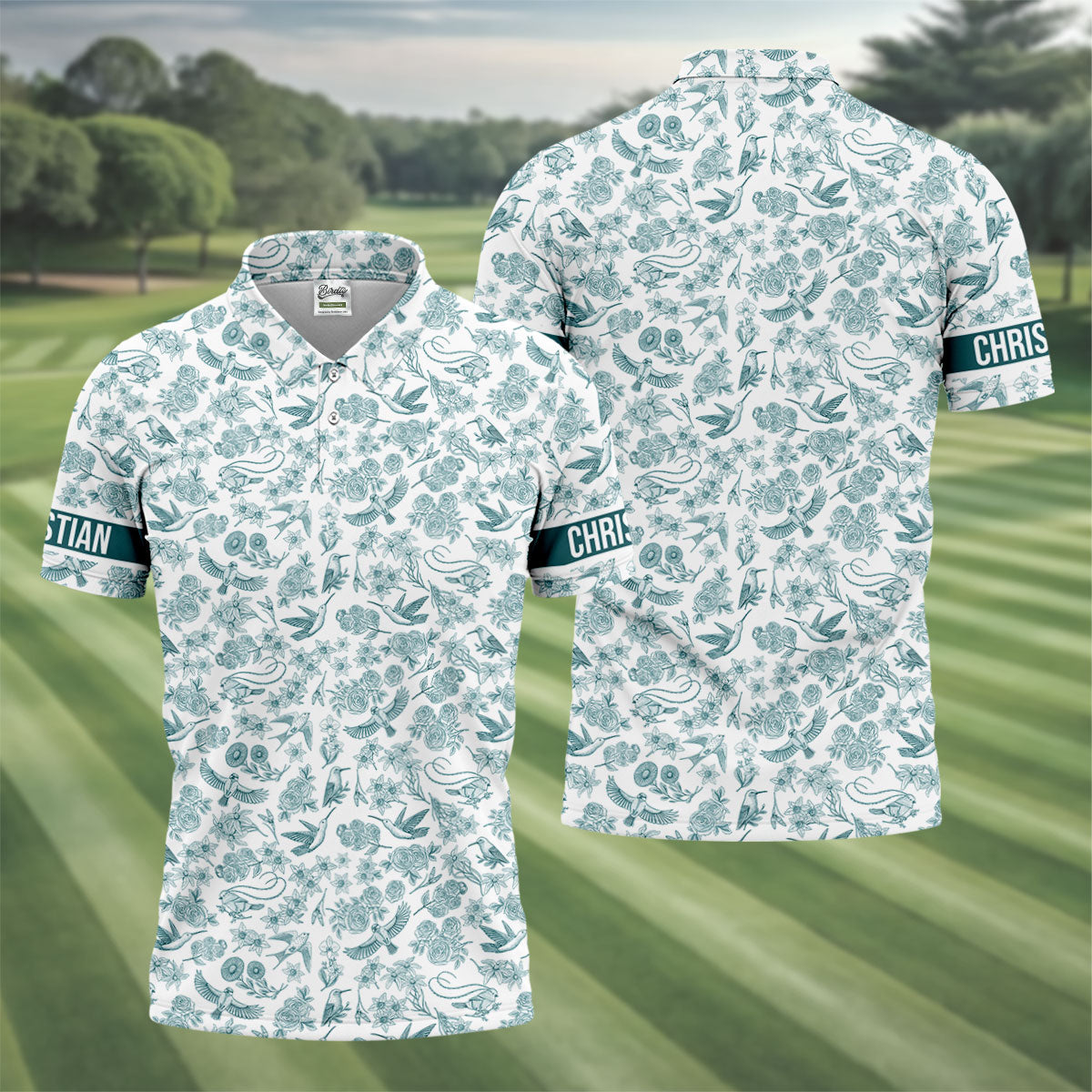 Custom Name Toile de Jouy Birds And Flowers Teal And White Polo Shirts For Men, Golf Gift For Men