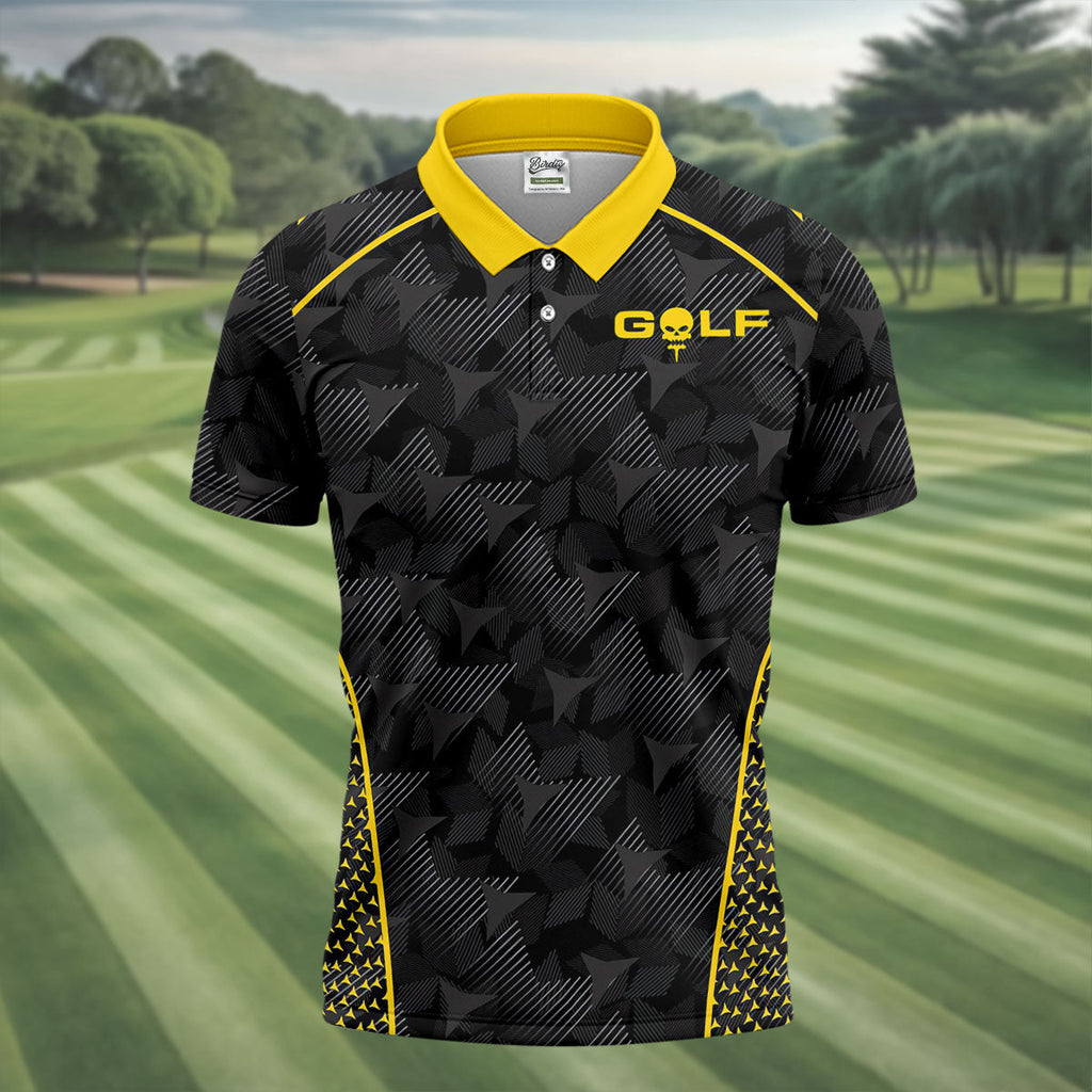 Abstract Triangle Black Yellow Golf Tops For Men, Father's Day Golf Gift, Polo Shirts For Men