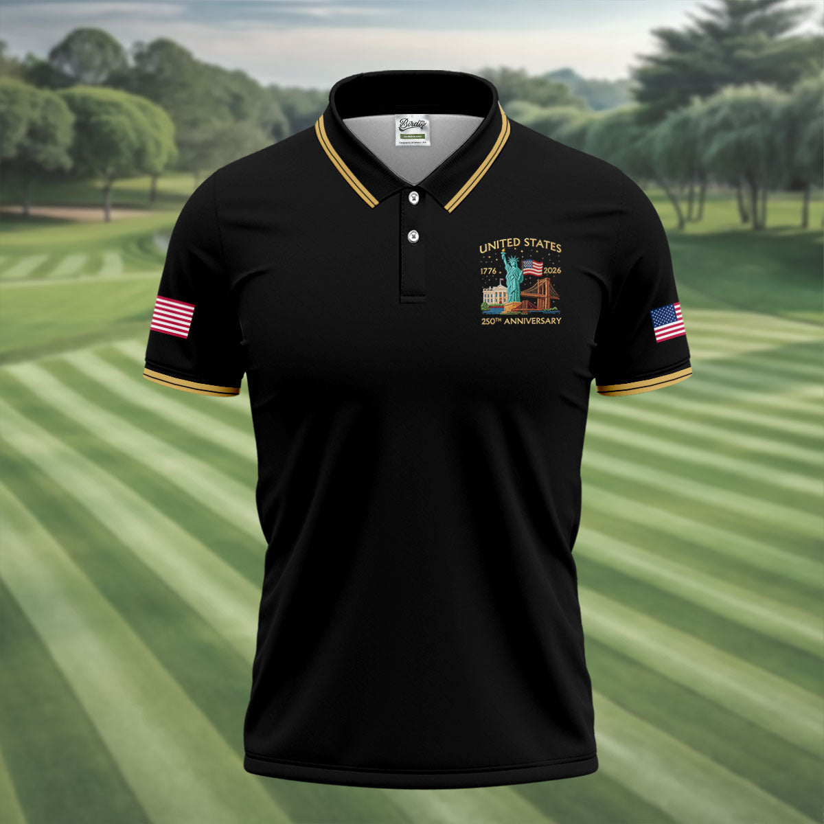 American Symbols Black Patriotic Golf Shirt, US 250 Years 4th Of July Golf Shirts For Men