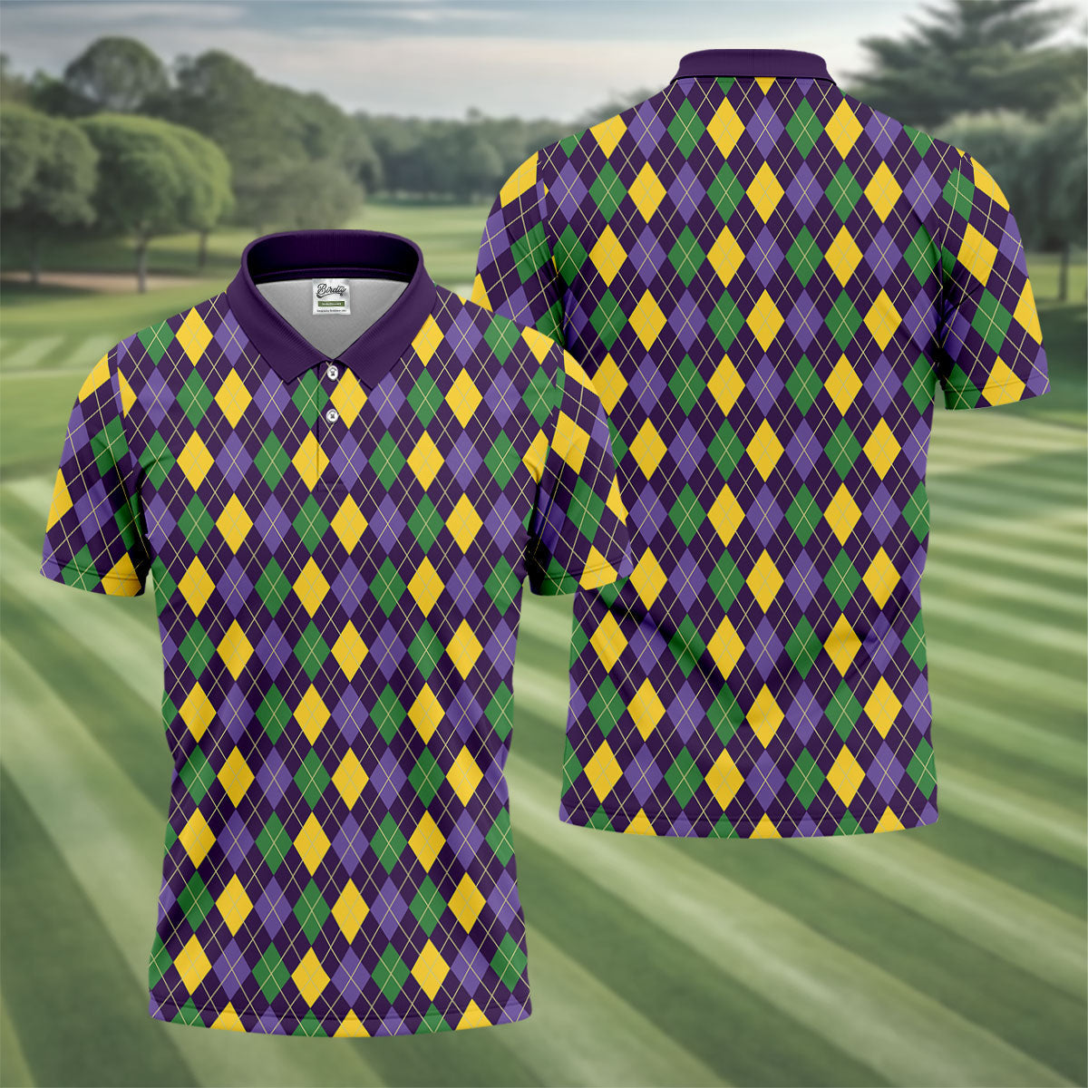 Green Purple Gold Argyle Pattern Mardi Gras Golf Shirt, Polo Shirts For Men, Golf Shirts For Men