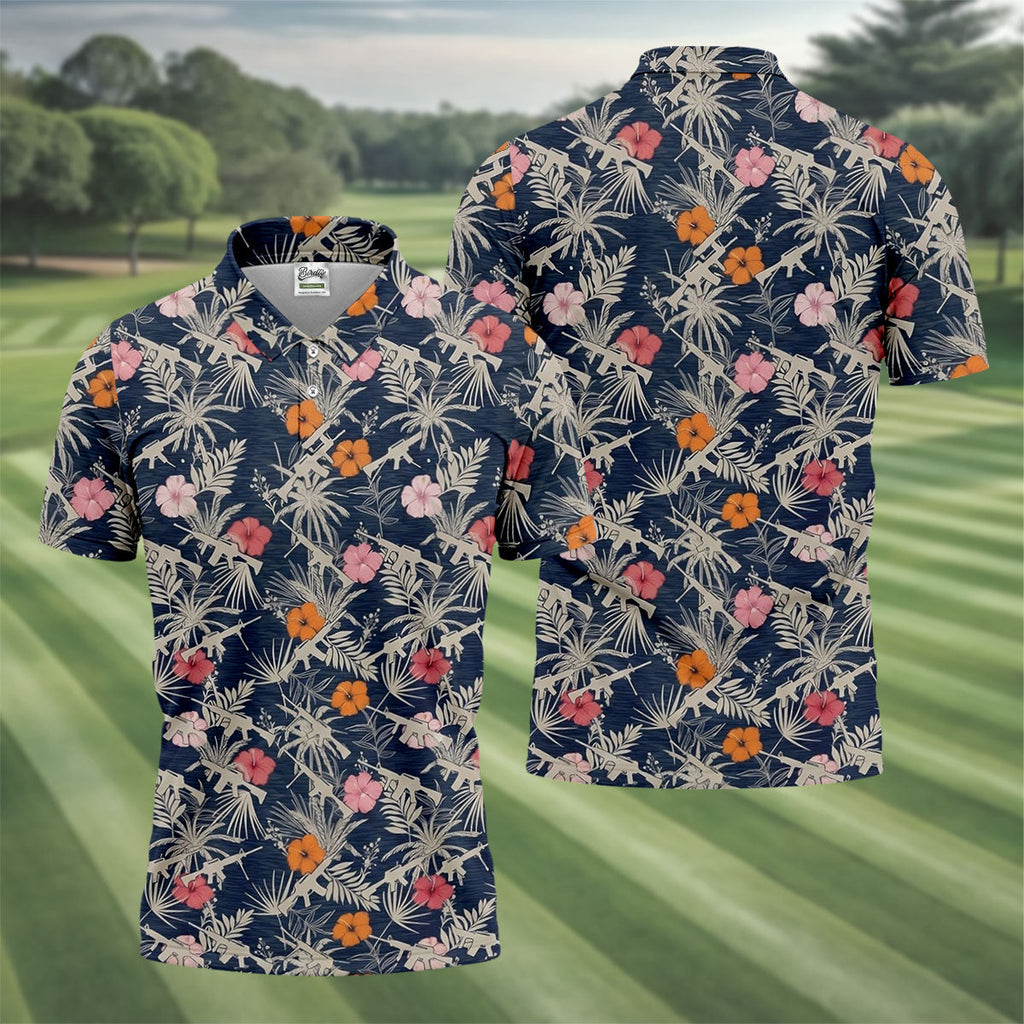Hawaiian Hibicus Military Theme Navy Golf Shirt, Golf Shirts For Men, Polo Shirts For Men