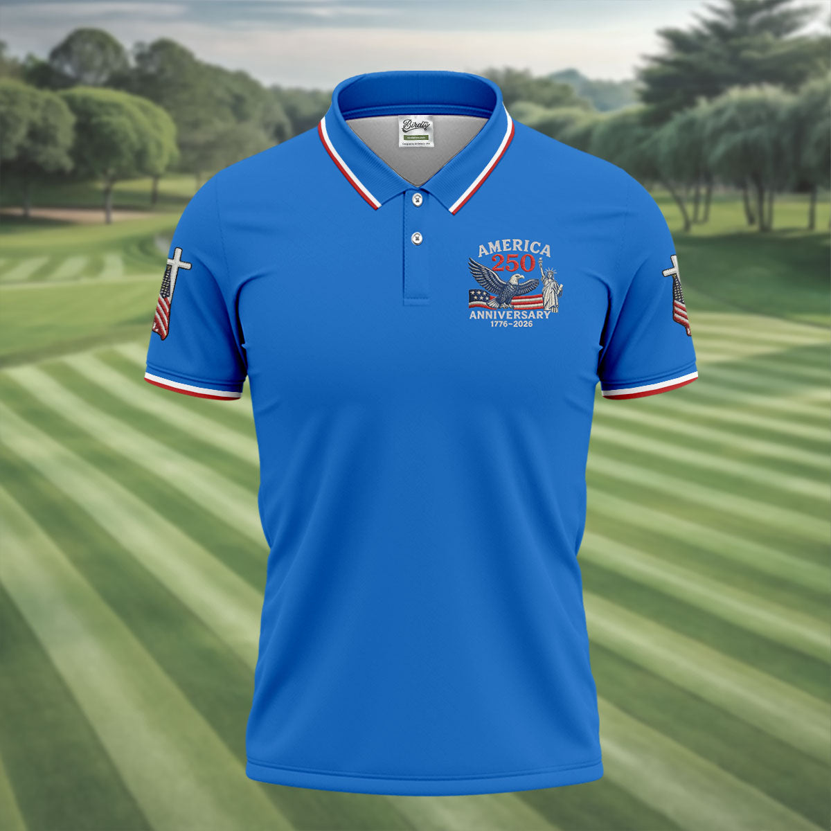 Faith Cross Bald Eagle America 250 Anniversary Blue Patriotic Golf Shirt, Golf Shirts For Men