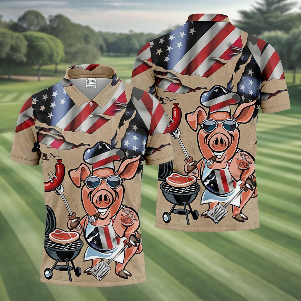 Patriotic American Flag Funny BBQ 250th Anniversary Dark Beige Polo Shirts For Men, Golf Shirts For Men