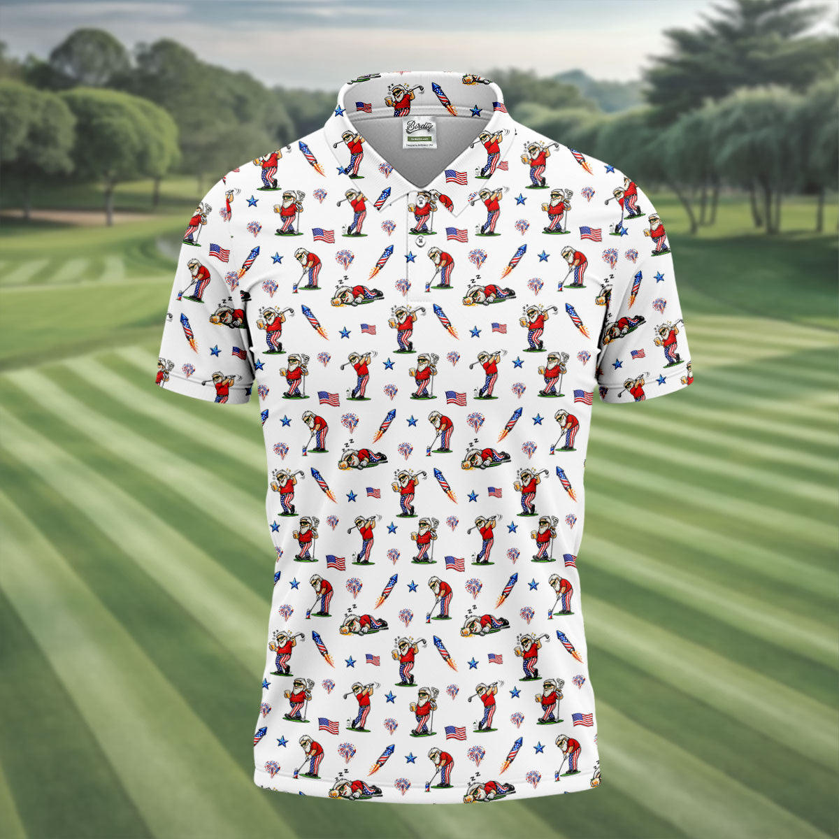 4th Of July Funny Man Golf And Beer USA Polo ShirtPatriotic Golf Shirt, 250th Anniversary Golf Shirts For Men