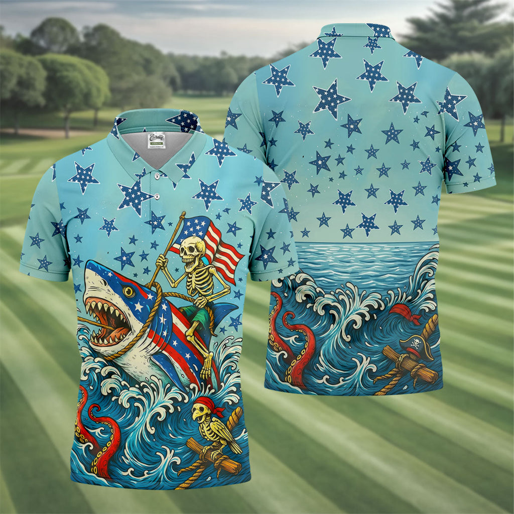 Skeleton Riding Shark Patriotic Golf Shirt, 4th Of July Golf Shirt, 250 Years Polo Shirts For Men