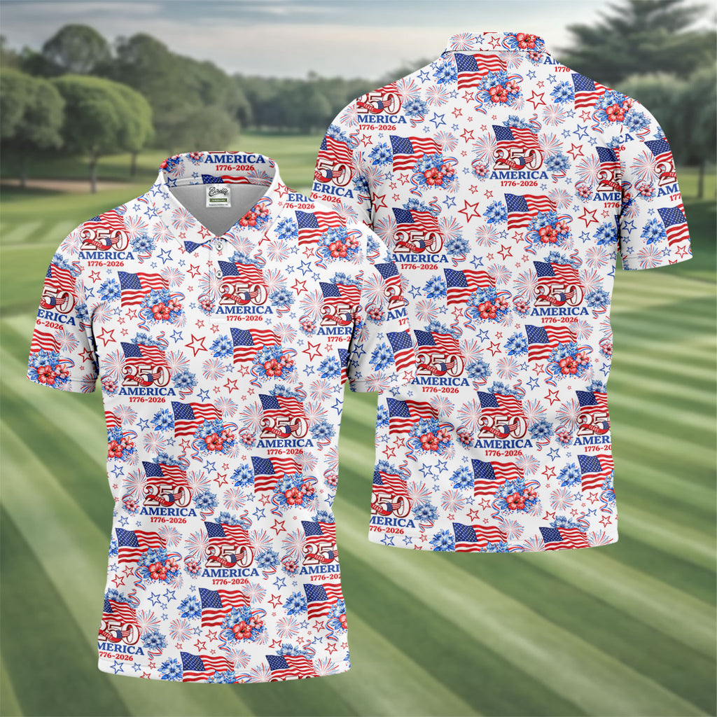 250 Years America 1776-2026 Hibiscus Tropical Flowers 4th Of July Golf Shirt, Golf Shirts For Men