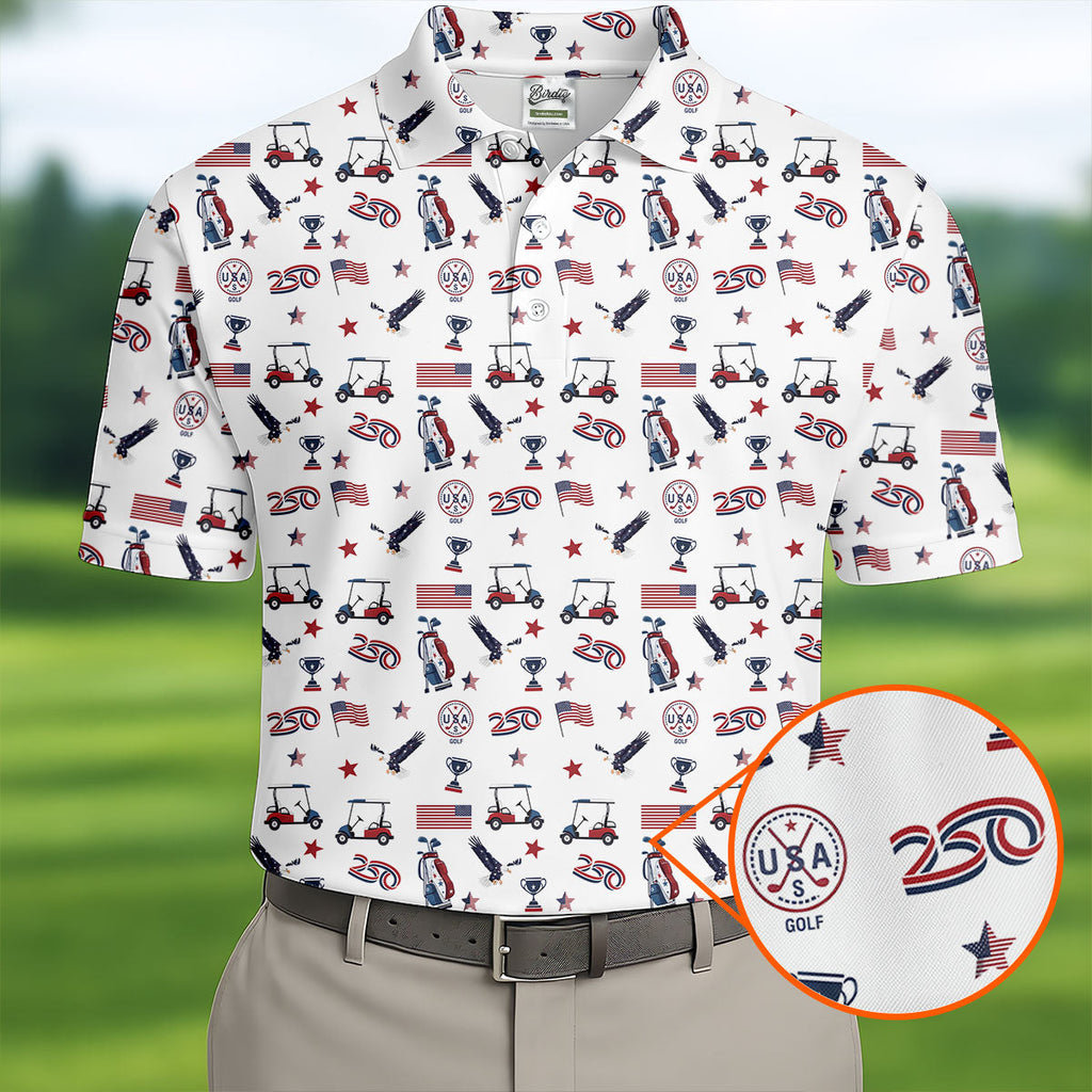 250 Years Golf Pattern Patriotic Golf Shirt, Golf Tops For Men, 4th Of July Golf Shirts For Men