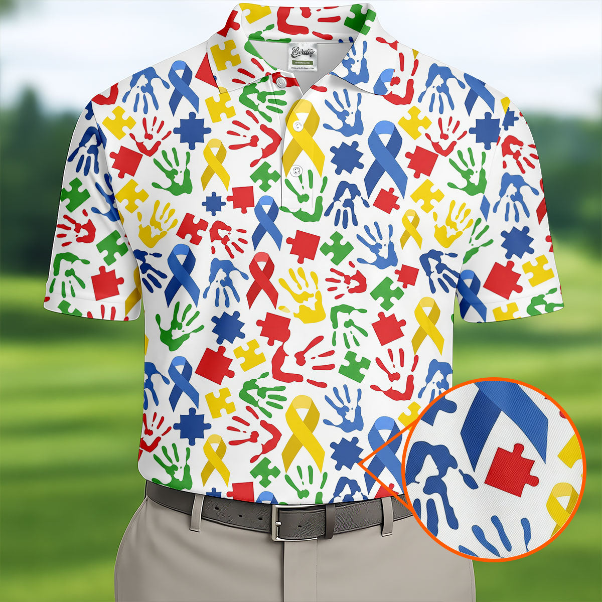 Autism Ribbon Colorful Puzzle Pieces Handprints Golf Tops For Men, Polo Shirts For Men, Golf Shirts For Men