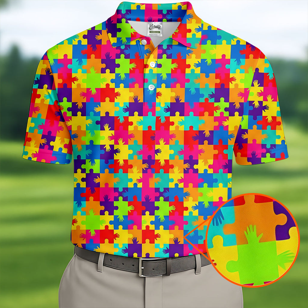 Colorful Handprints Autism Awareness Puzzle Golf Tops For Men, Polo Shirts For Men, Golf Shirts For Men