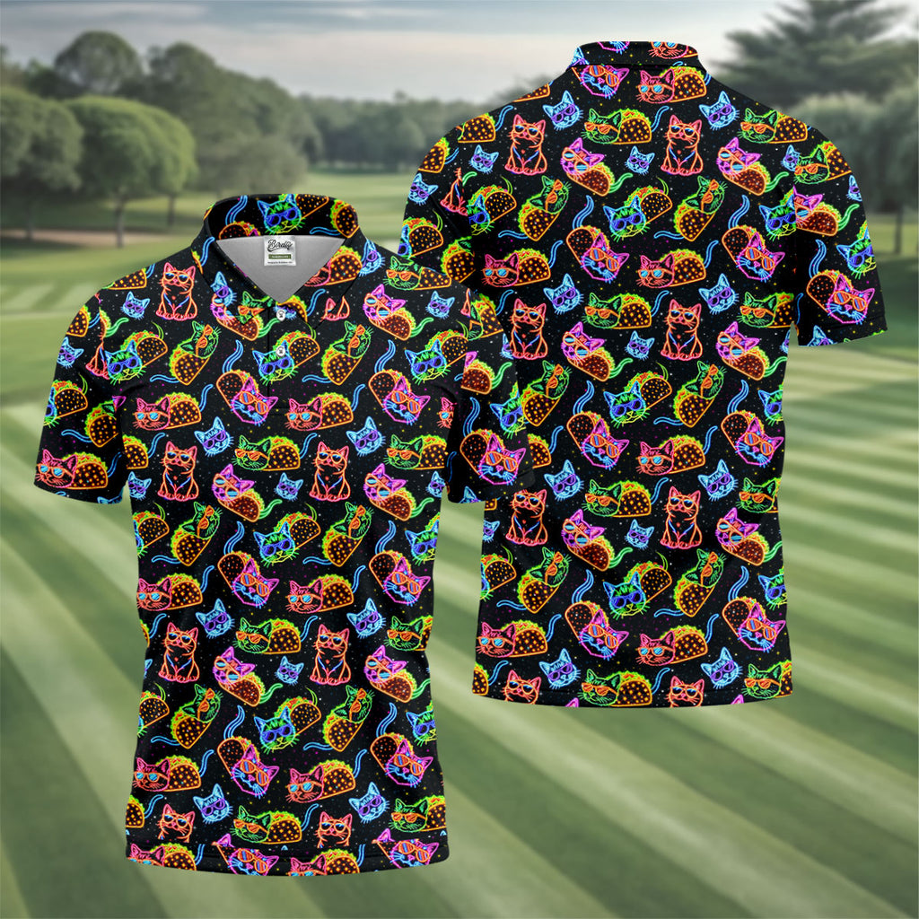 Neon Cats Tropical Vibe Golf Tops For Men, Cute Golf Outfit, Golf Shirts For Men, Polo Shirts For Men