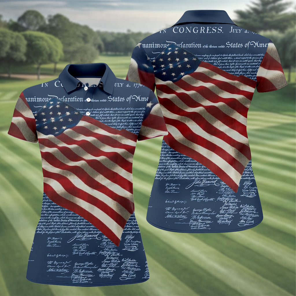 Patriotic American Flag Declaration Of Independence 4th Of July Navy Golf Shirt, 250th Anniversary Ladies Golf Shirts