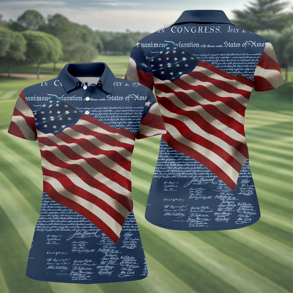 Patriotic American Flag Declaration Of Independence 4th Of July Navy Golf Shirt, 250th Anniversary Ladies Golf Shirts