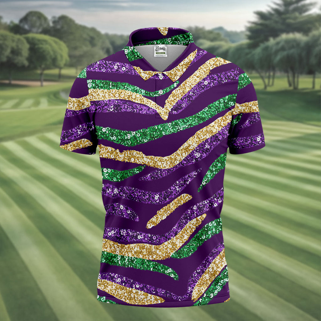 Purple Green Gold Sequin Pattern Purple Golf Shirt, Mardi Gras Golf Shirt, Polo Shirts For Men