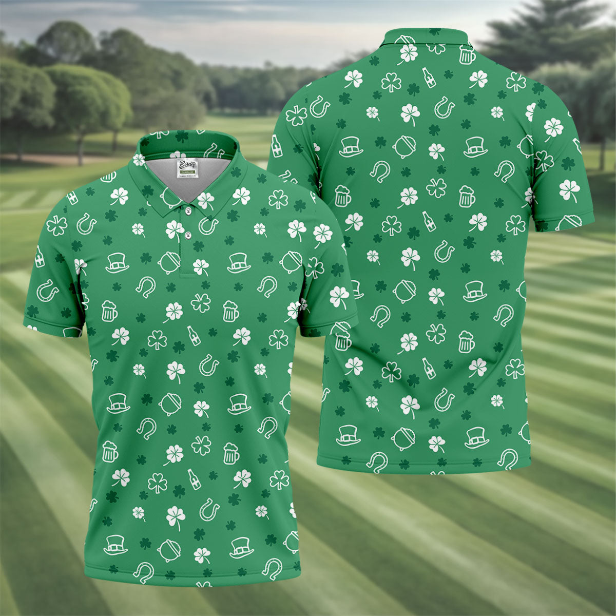 Leprechaun Hat Shamrock Beer Seamless Pattern St. Patrick’s Day Golf Shirt, Polo Shirts For Men, Golf Shirts For Men