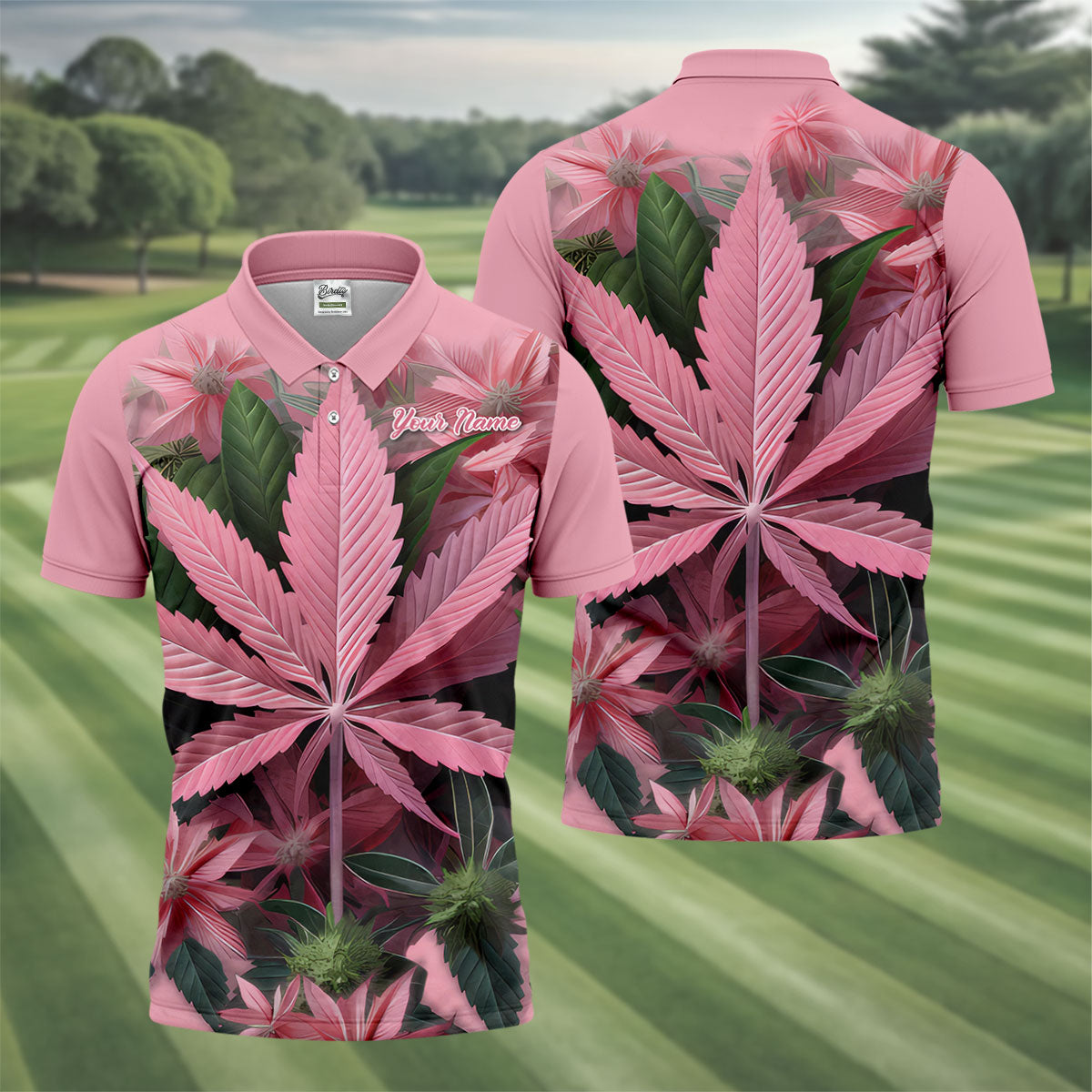 Pink Marijuana Leaf Men's Golf Shirt, Funny Weed Golf Shirt, Custom Mens Golf Shirt