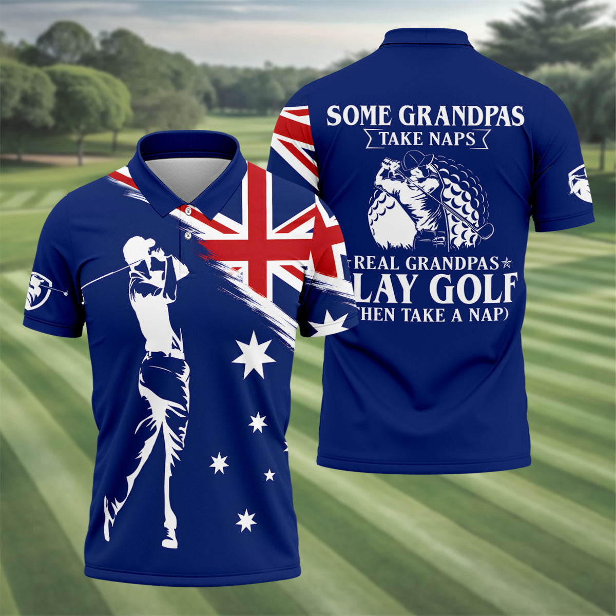 Real Grandpas Play Golf Then Take A Nap Australia Flag Print Men's Funny Golf Shirts, Polo Shirts For Men