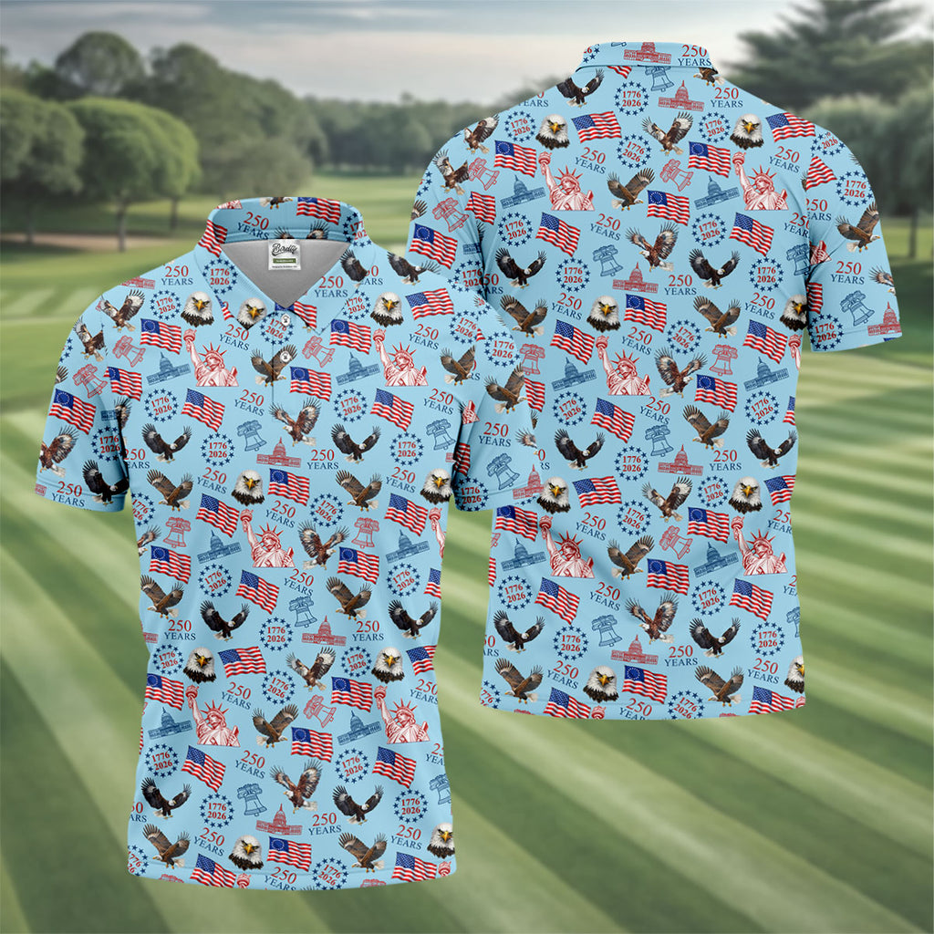 250 Years American Symbol Patriotic Pattern Blue Golf Shirt, 4th Of July Golf Shirt, Golf Shirts For Men