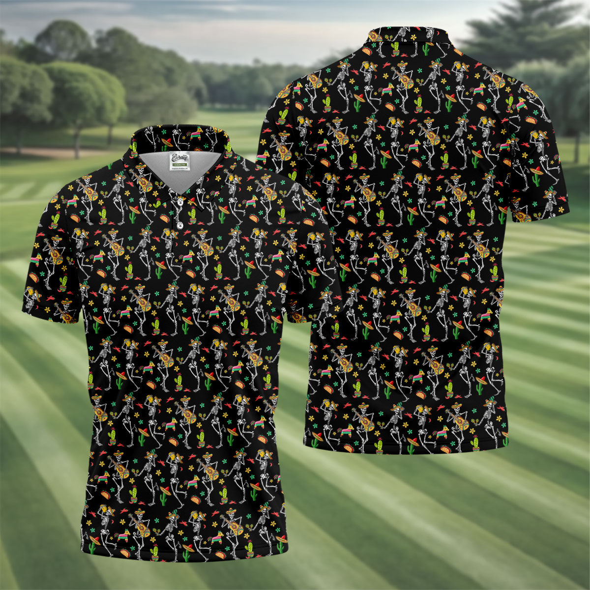 Dia De Muertos Skeletons Cinco De Mayo Celebration Fiesta Themed Black Golf Shirts For Men