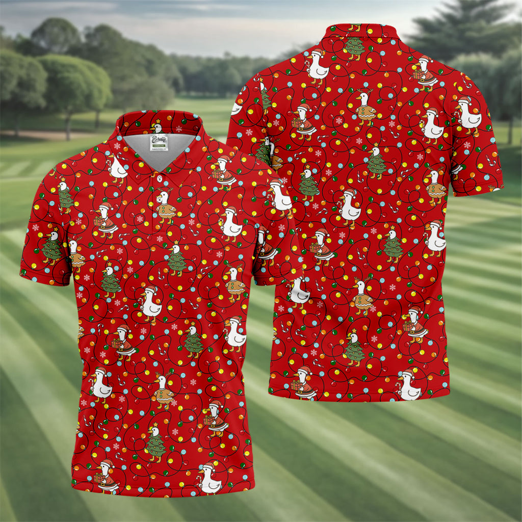 Funny Duck Merry Xmas Red Golf Shirts, Gifts For Golf Lovers, Polo Shirts For Men, Golfing Apparel