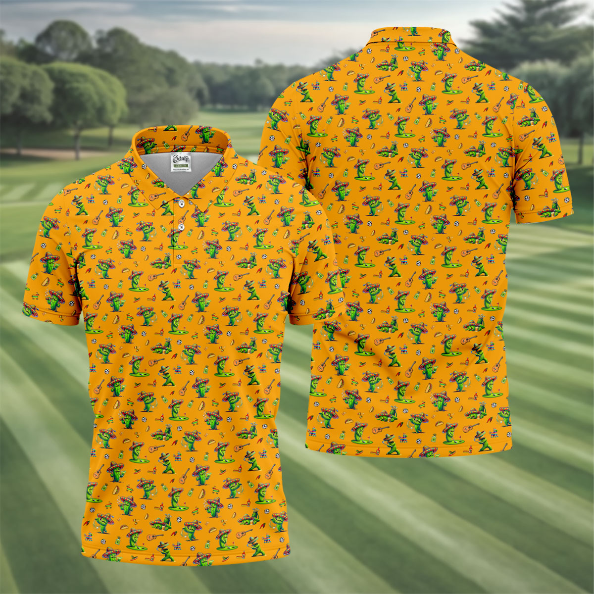Cartoon Mustach Funny Cactus Cinco De Mayo Celebration Fiesta Themed Orange Golf Shirts For Men