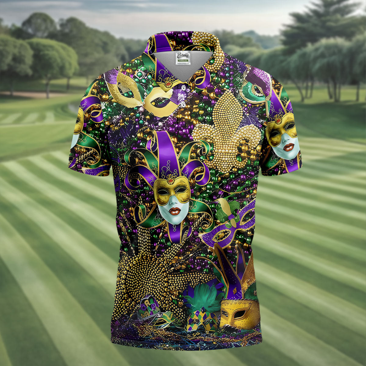 Jester Mask Purple Green Gold Fleur De Lis Beads Mardi Gras Golf Shirt, Golf Shirts For Men, Polo Shirts For Men