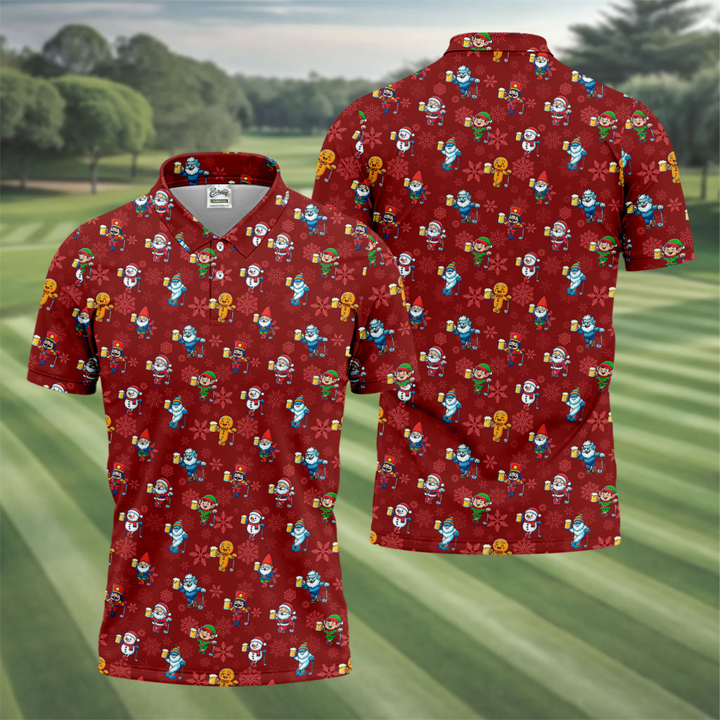 Christmas Characters Golf And Beer Red Men's Funny Golf Shirts, Christmas Golf Shirt, Polo ShirtFor Men