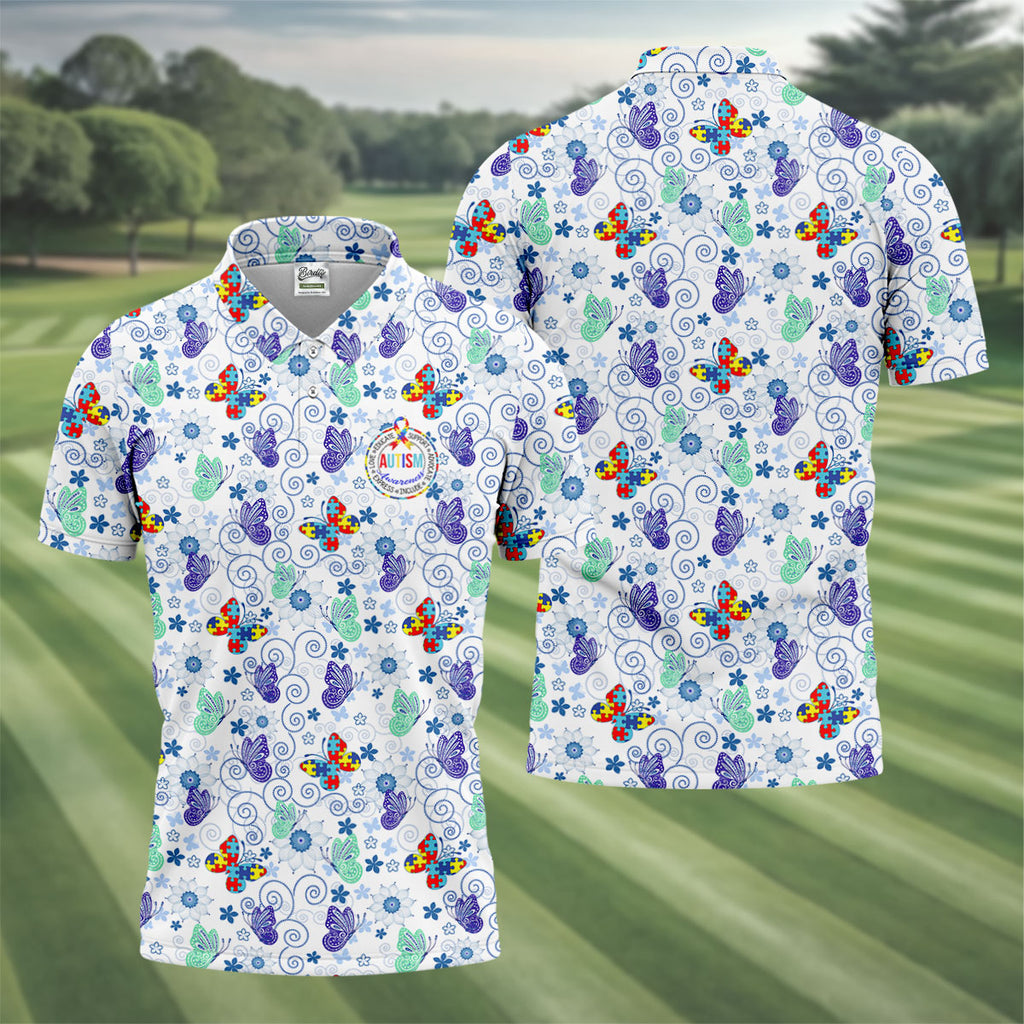 Autism Awareness Colors Puzzles Butterfly Floral Golf Shirt, Golf Tops For Men, Golf Shirts For Men