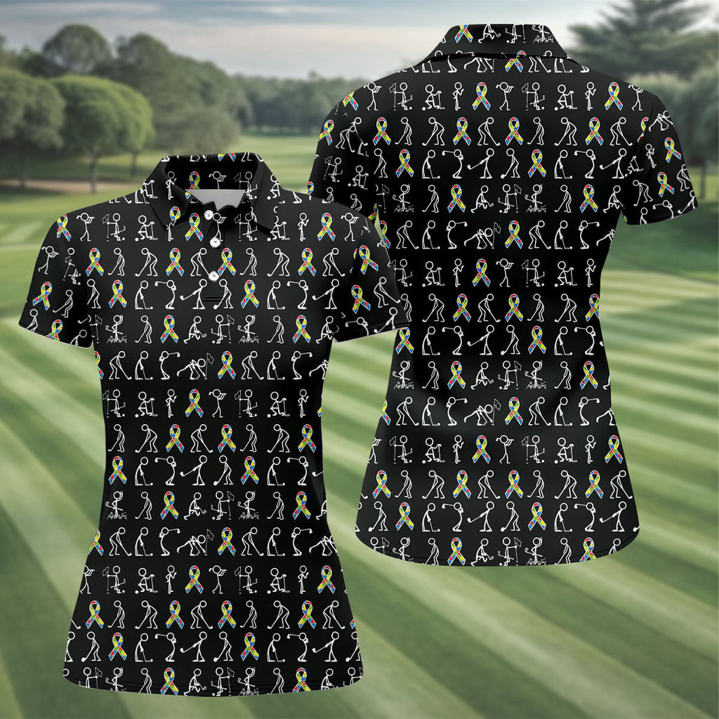 Stick Figure Golf Pose Autism Ribbon Black Golf Shirt, Autism Awareness Colors Ladies Golf Polos
