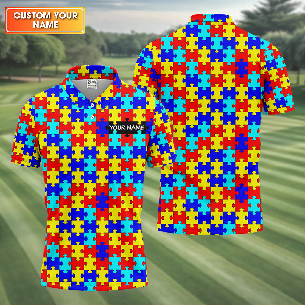 Autism Awareness Colorful Puzzle Pattern Golf Tops For Men, Polo ShirtFor Men, Golf Shirts For Men