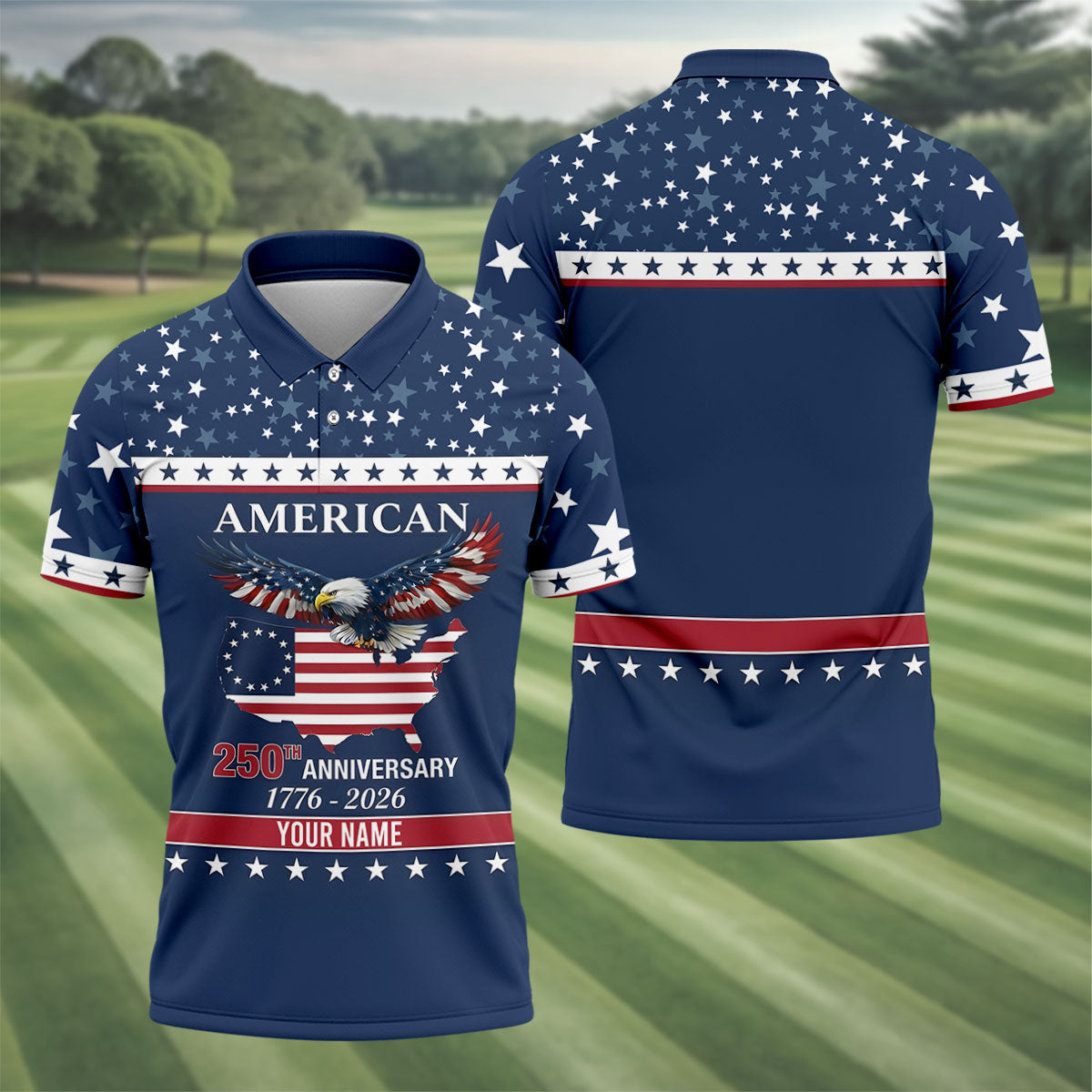 American Bald Eagle 250th Anniversary Patriotic Stars Golf Shirt, 4th Of July Golf Shirts For Men