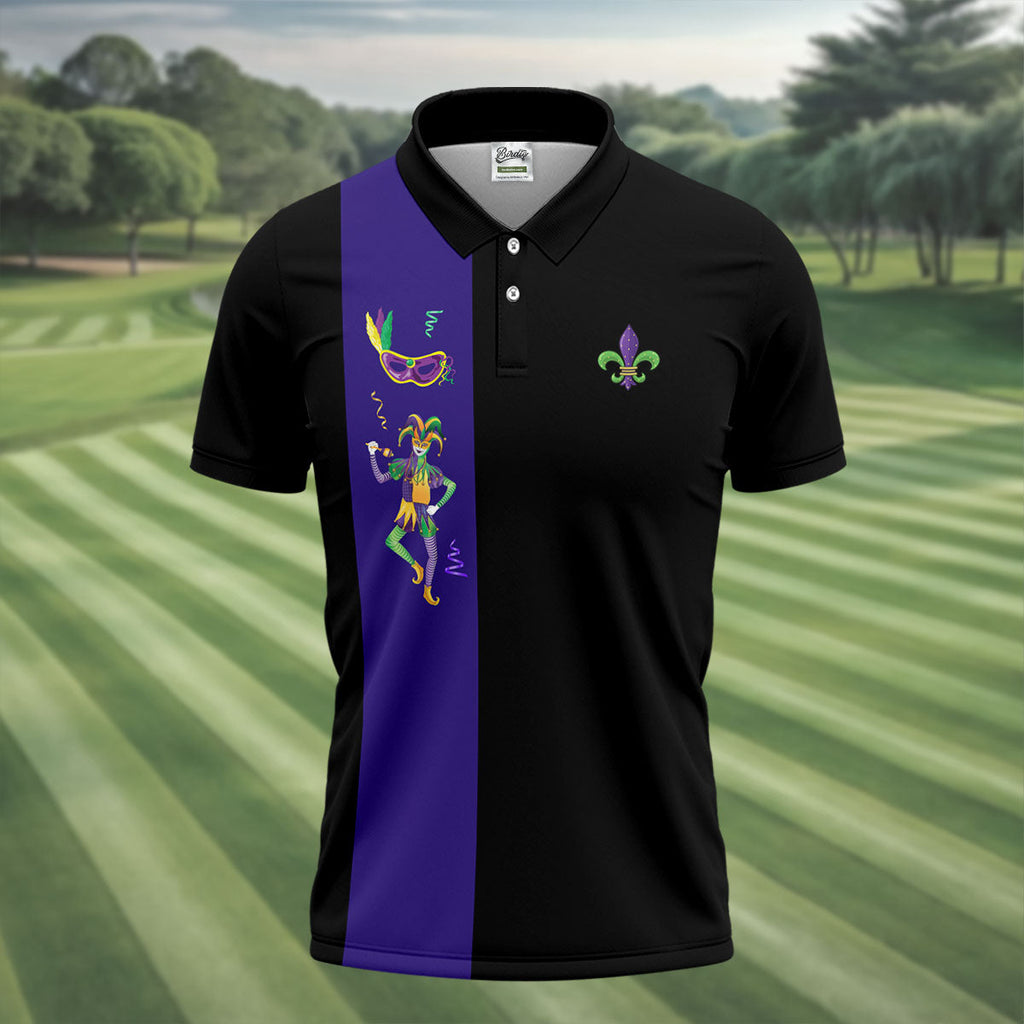 Mardi Gras Festival Jester Figure Fleur De Lis Symbol Black Golf Shirt, Polo Shirts For Men, Golf Shirts For Men
