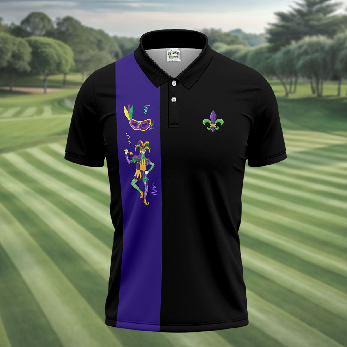Mardi Gras Festival Jester Figure Fleur De Lis Symbol Black Golf Shirt, Polo Shirts For Men, Golf Shirts For Men