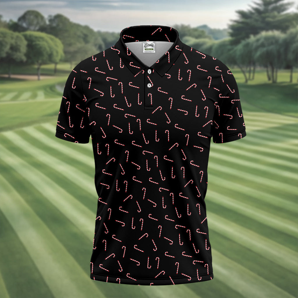 Christmas Candy Cane Golf Tops For Men, Christmas Golf Shirt, Black Golf Polo ShirtGolf Gift For Men