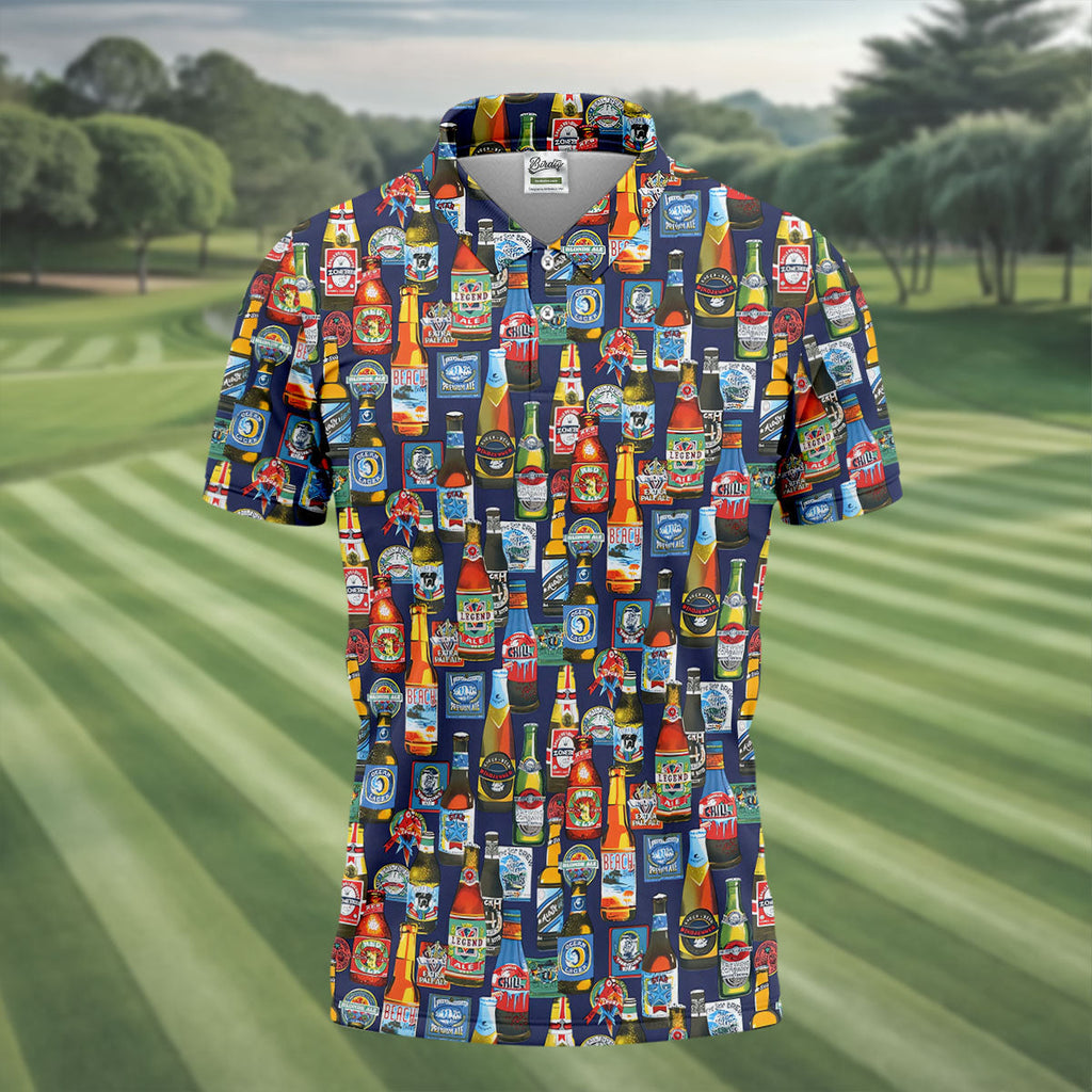 Beer Bottle Labels Navy Golf Shirt, Men's Funny Golf Shirts, Golf Tops For Men, Golf Shirts For Men